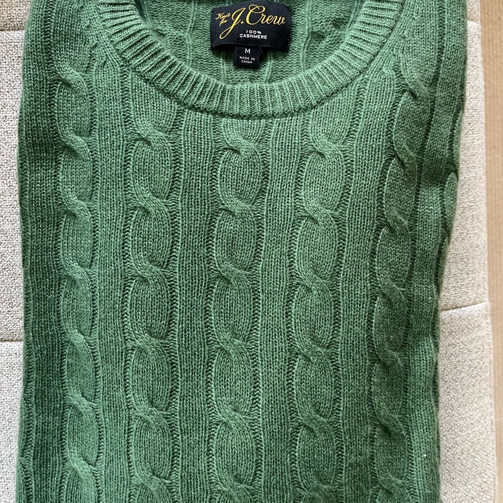 J. Crew Green Cashmere Cable Knit Crewneck Sweater